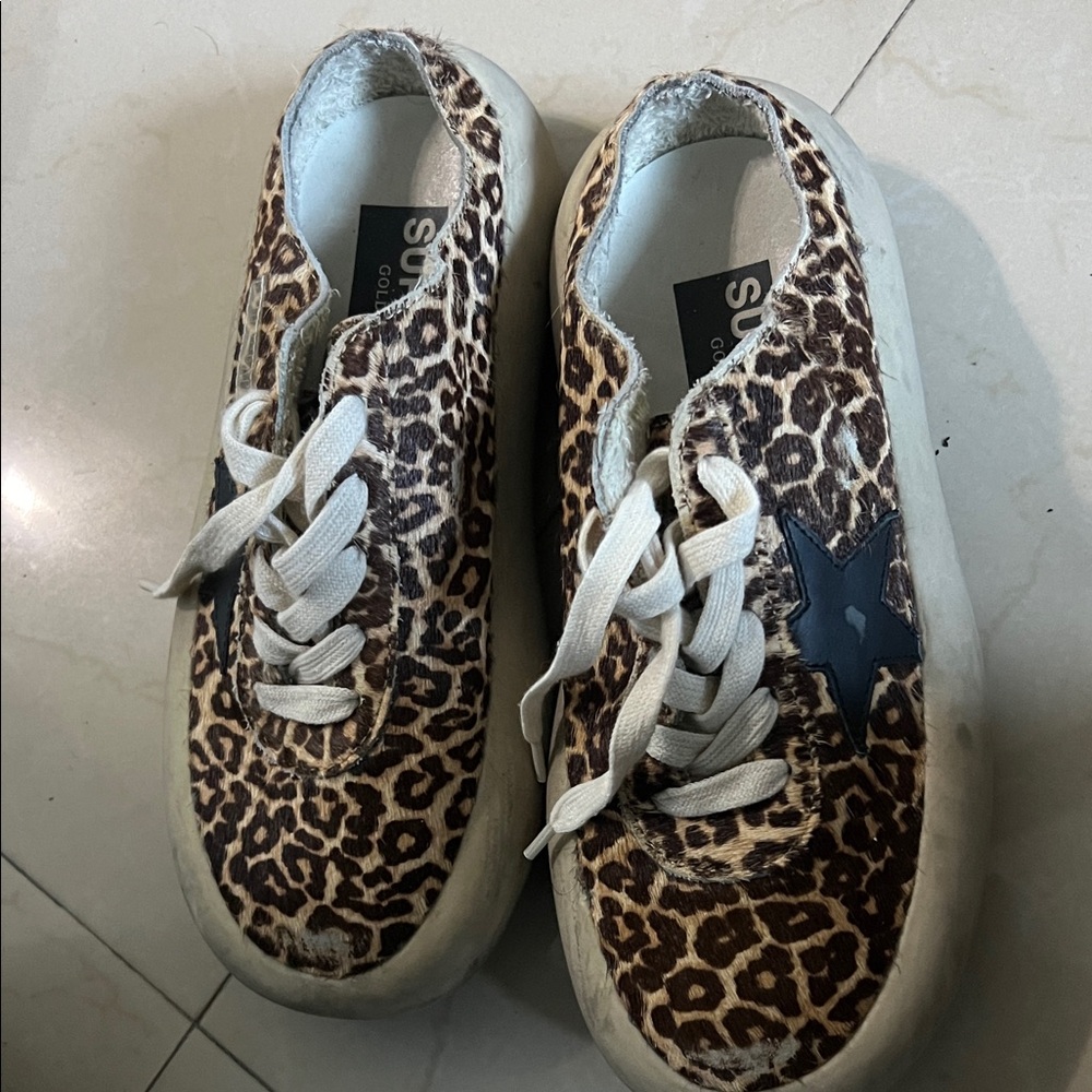 Golden Goose Leopard Print Mules with Black Star